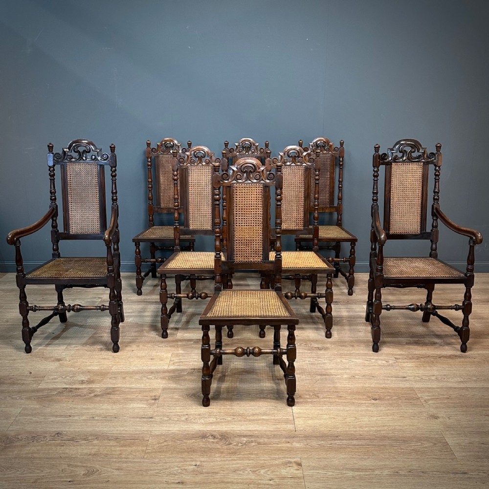 Set Of 8 Antique Carolean Style Bergere Dining Chairs Carvers