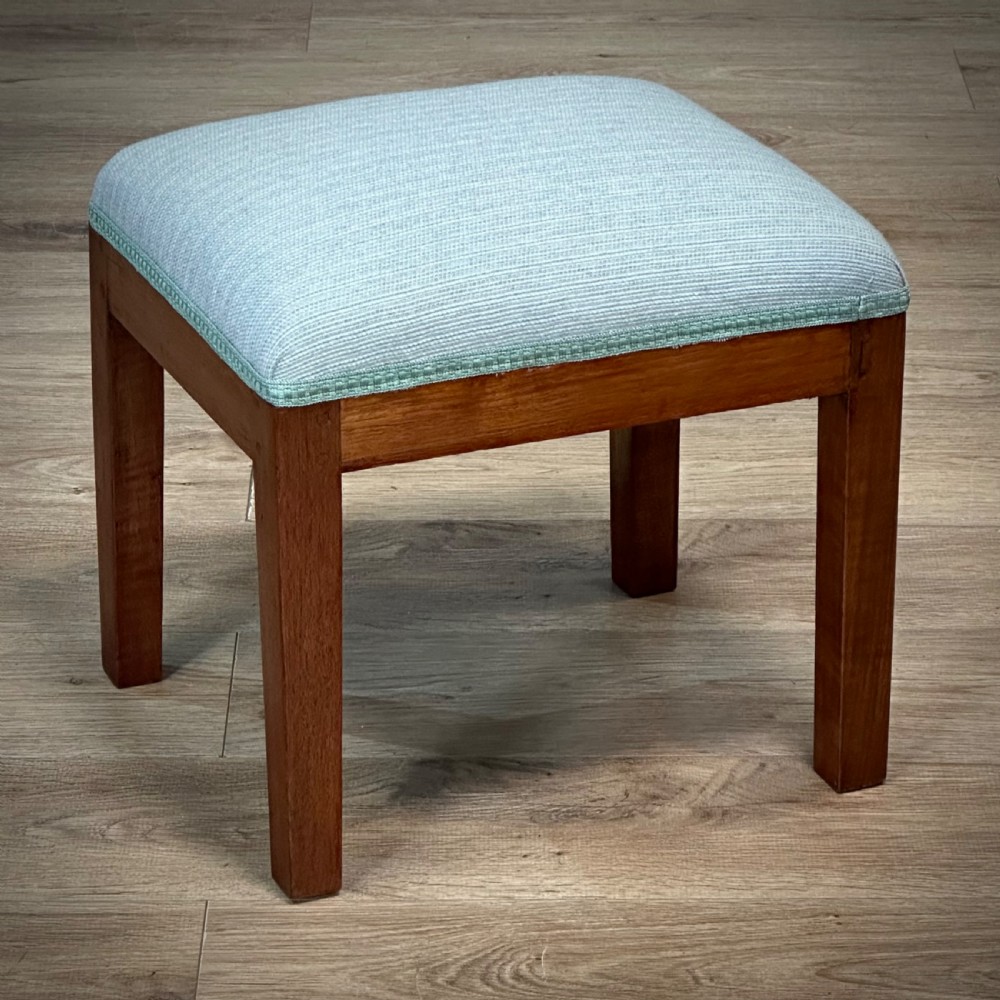 Attractive Vintage Teak Newly Upholstered Stool In A Light Blue Fabric 970067 www.abacusantiques