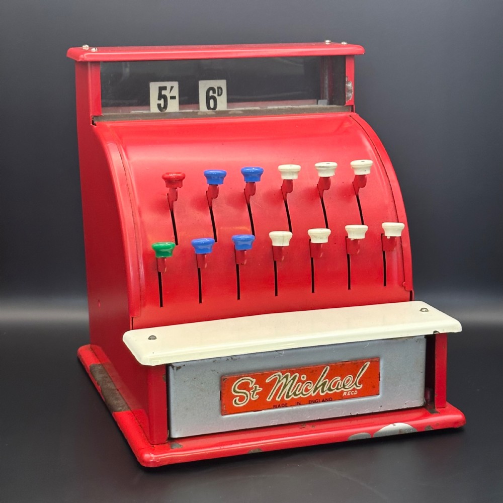 Vintage Metal St Michael s Toy Cash Register With Toy Money