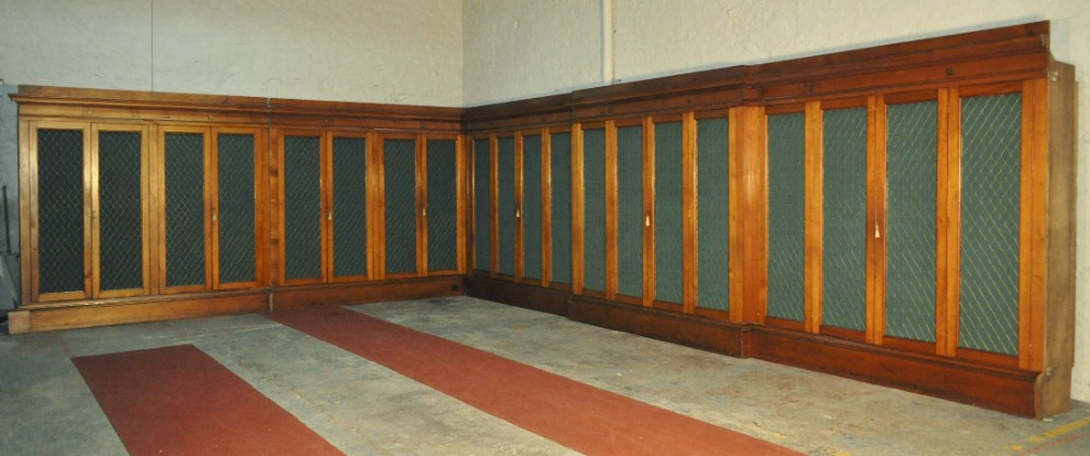 exceptionally large set of bespoke made antique pine library bookcase cabinets