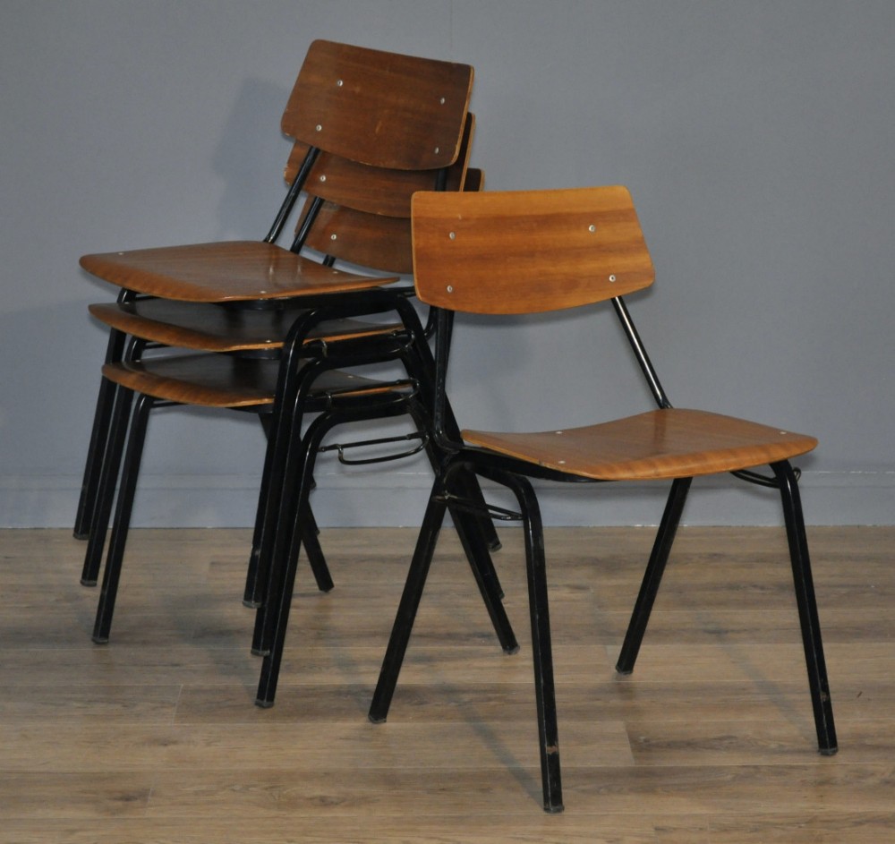 attractive set of 4 four vintage wood steel framed interlocking chairs
