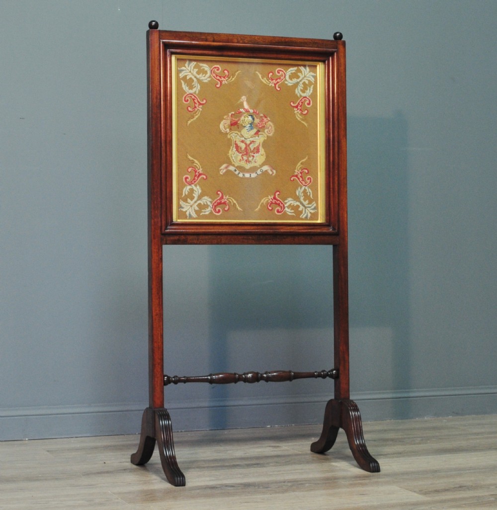 attractive antique victorian dunlop coat of arms tapestry mahogany fire screen
