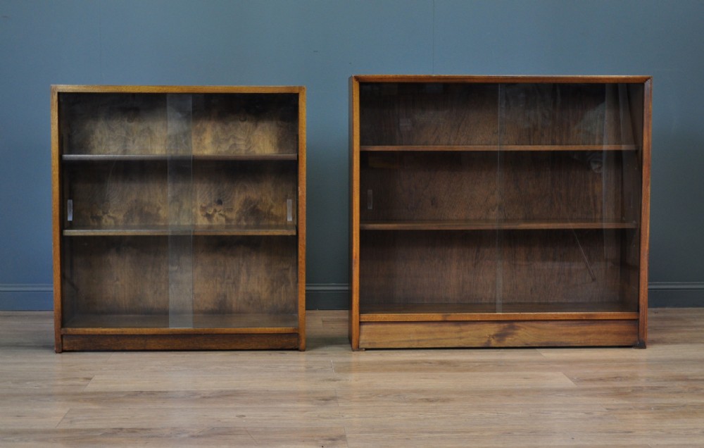 Pair Of Retro Low Glass Sliding Door Bookcase Cabinets Herbert