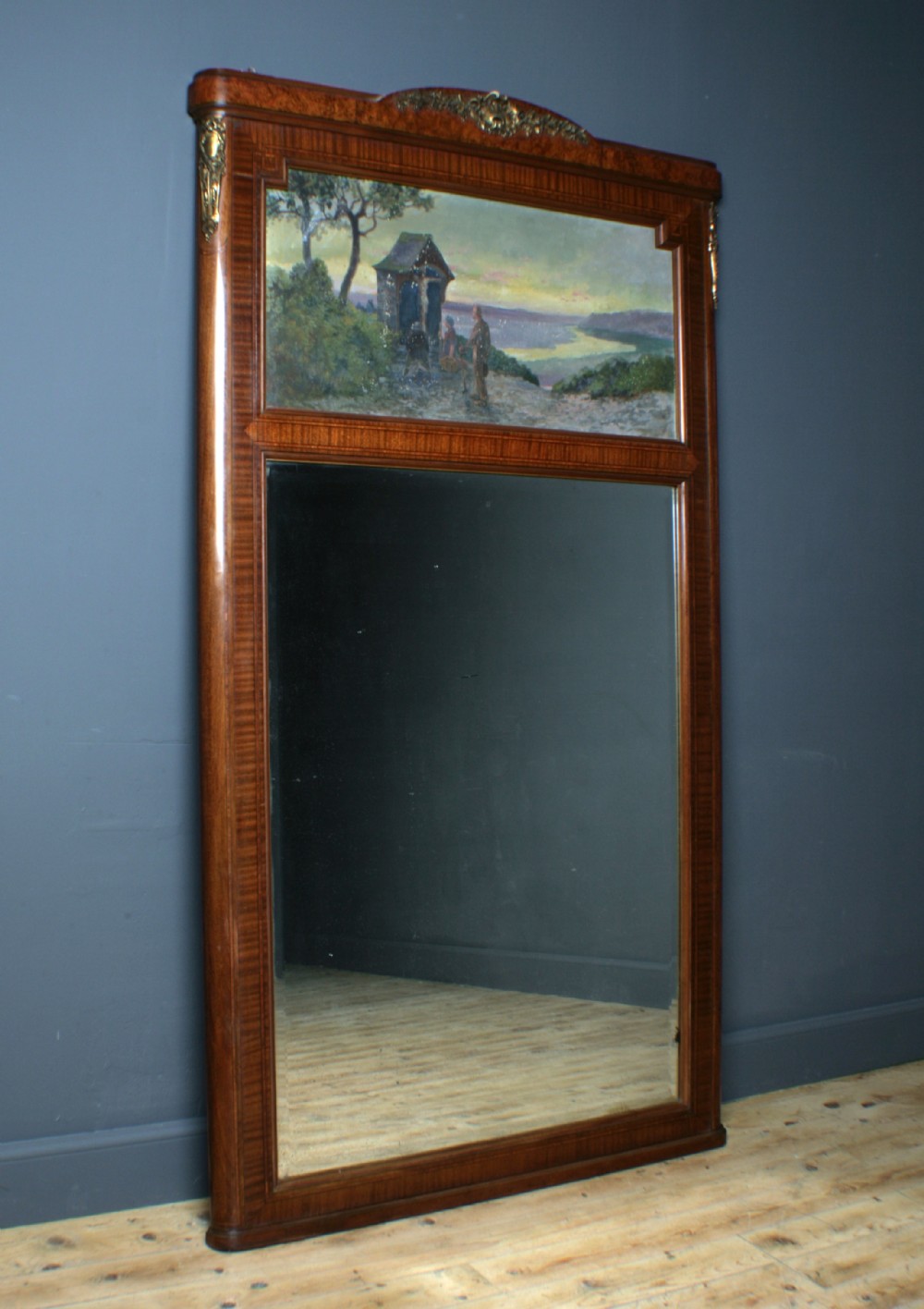 attractive large french walnut antique wall mirror with religious painted scene