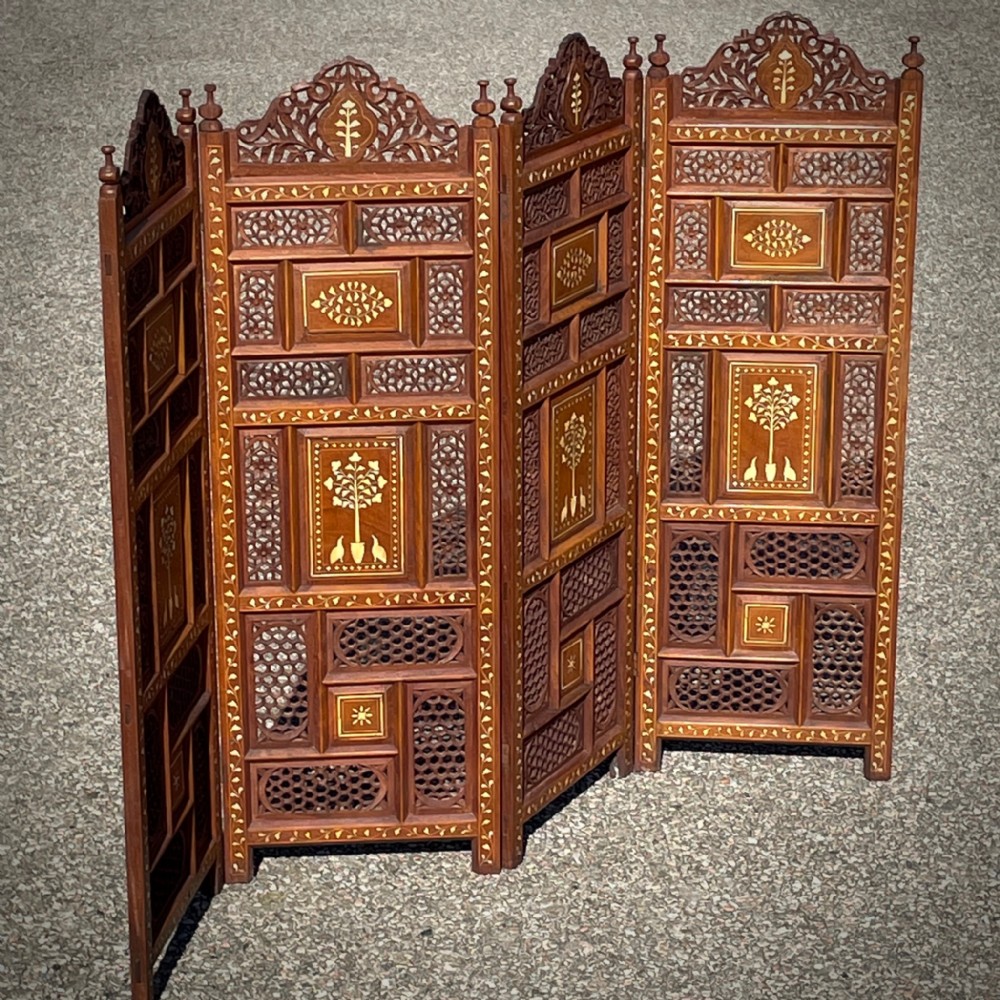 attractive anglo indian carved 4fold small screen with decorative inlays