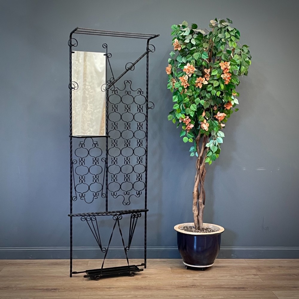 attractive vintage slender wrought iron mirror back coat hanger hallstand