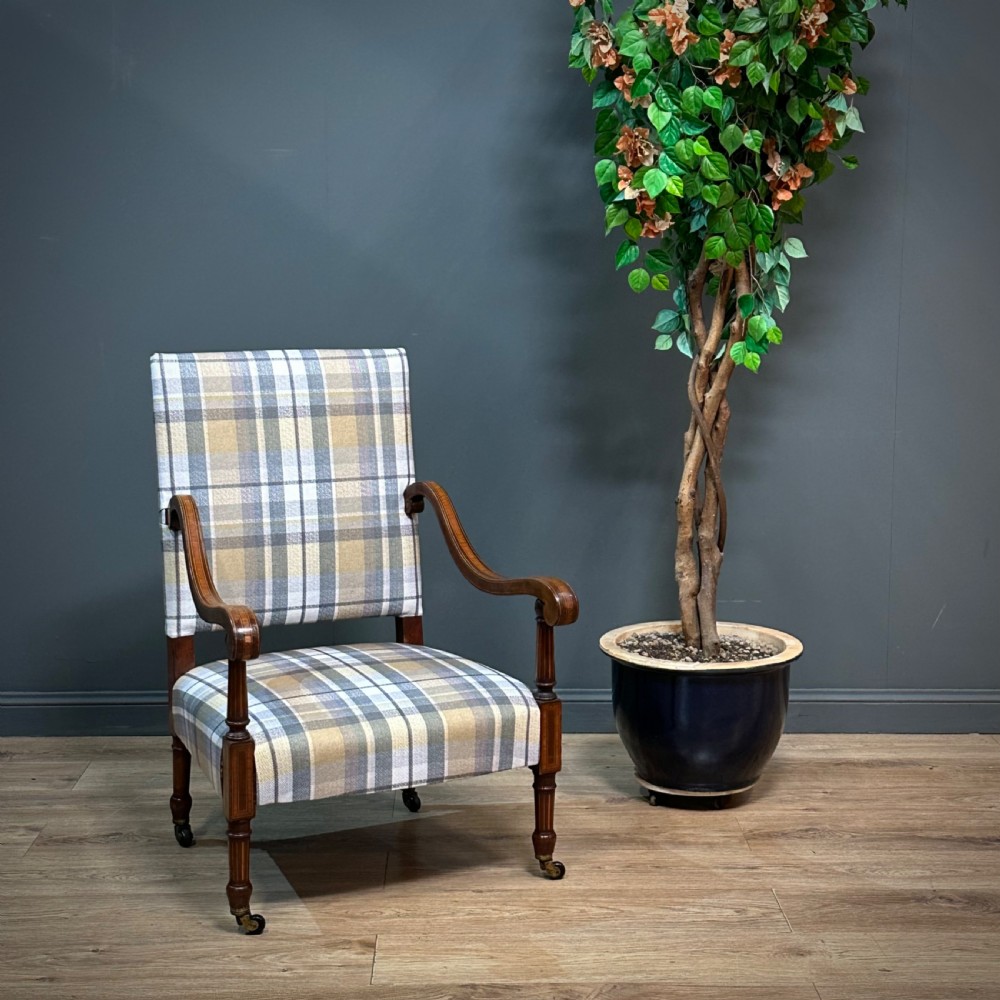 attractive antique victorian inlaid mahogany newly upholstered low armchair