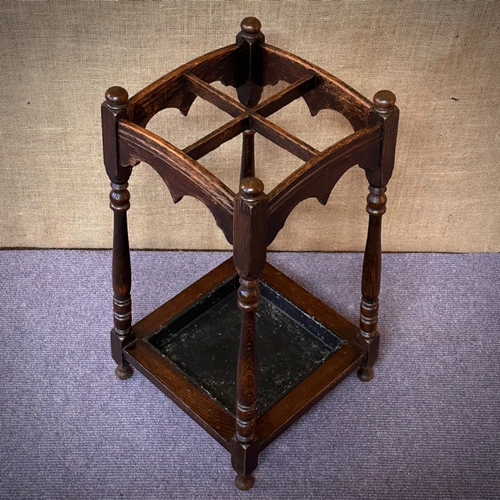 small antique square carved oak stick stand