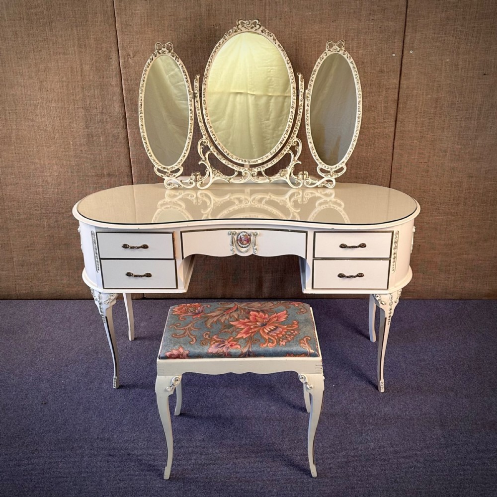 attractive vintage white painted french style triple mirror dressing table with stool