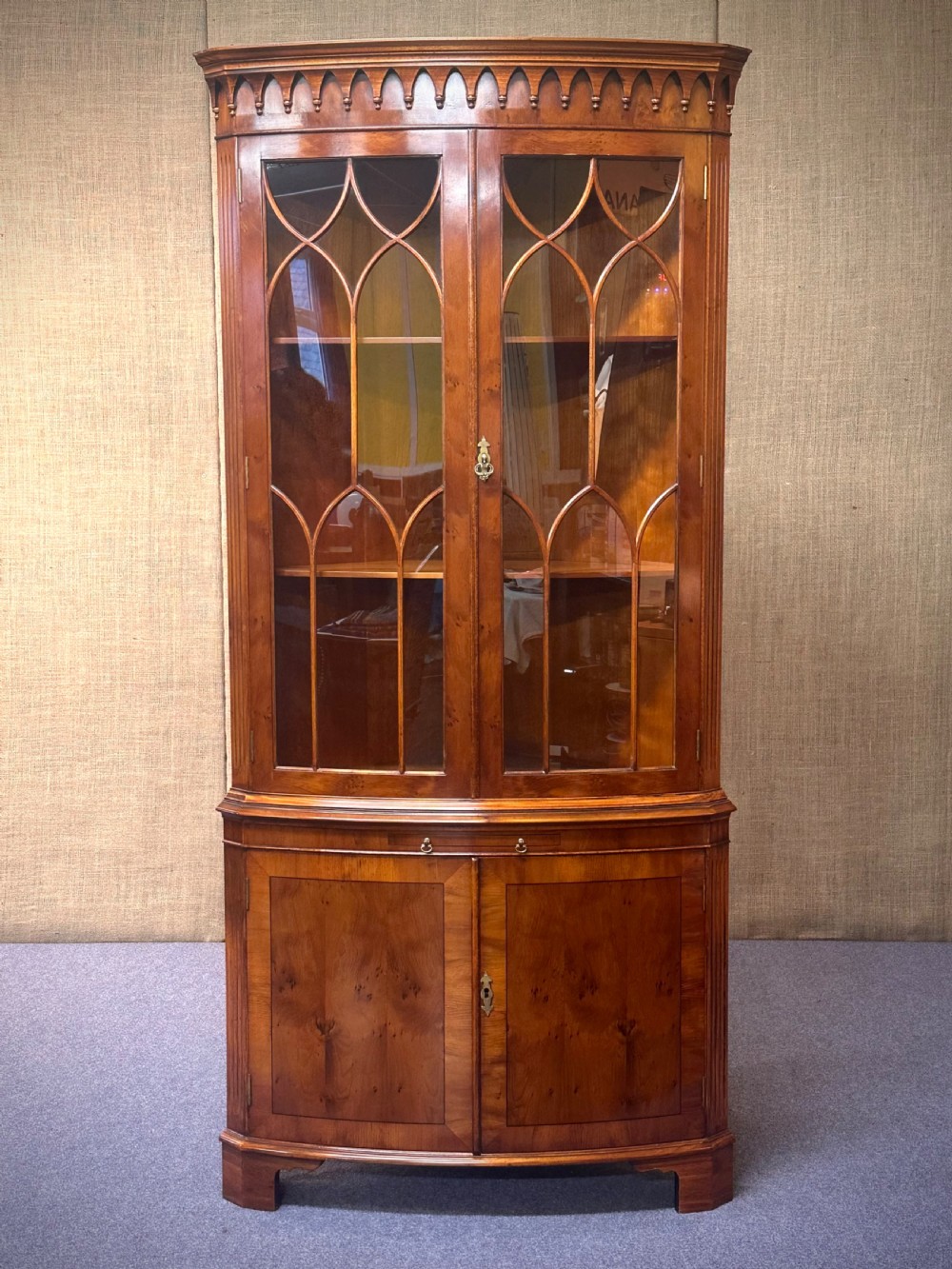 attractive vintage bow front reprodux yew bevan funnell corner drinks cabinet