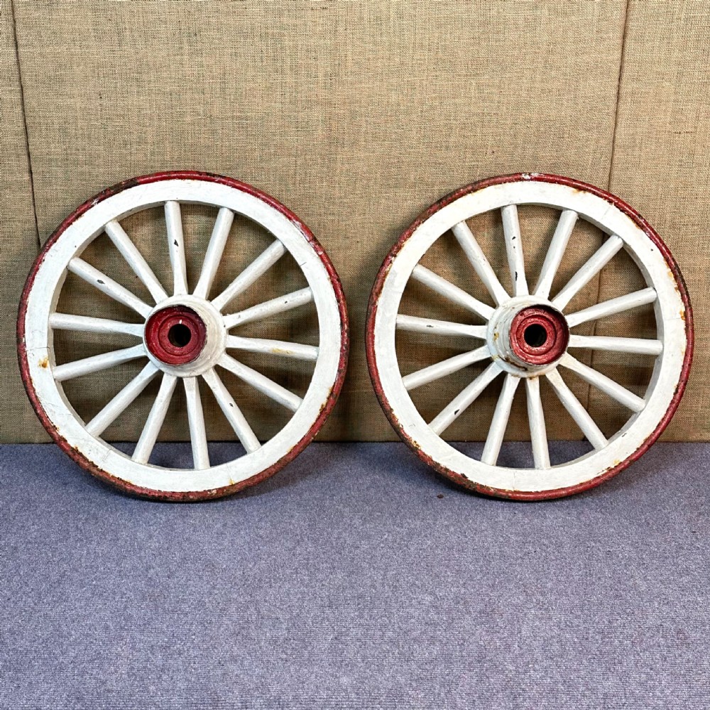 attractive large pair of antique cast iron and wooden victorian cart wheels