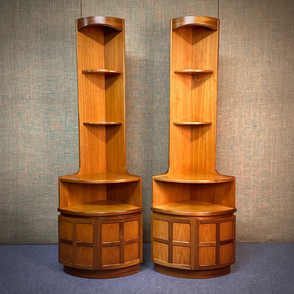 attractive pair of tall mid century nathan furniture teak corner display cabinets