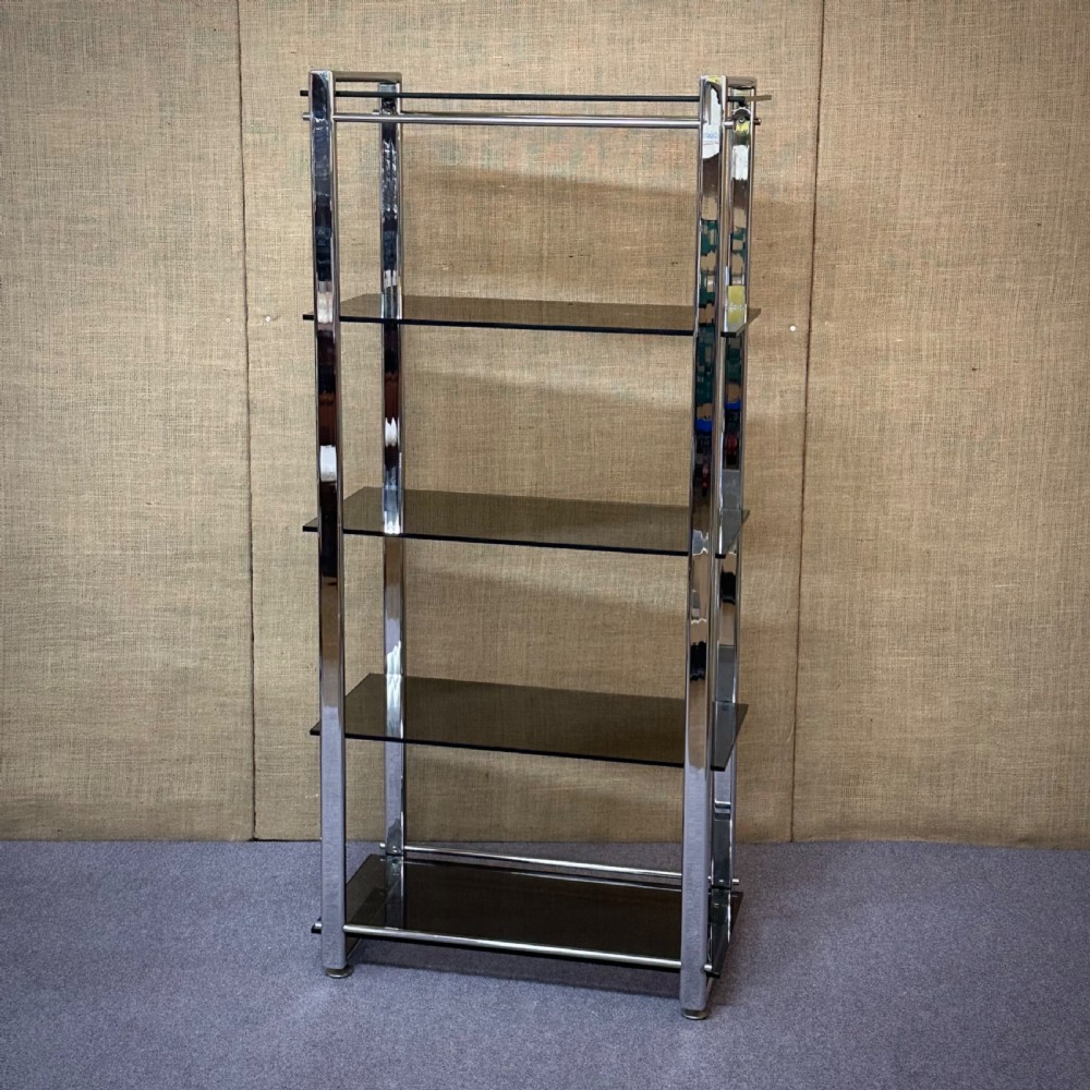 large heavy vintage chrome and smoked glass shelving unit five shelves