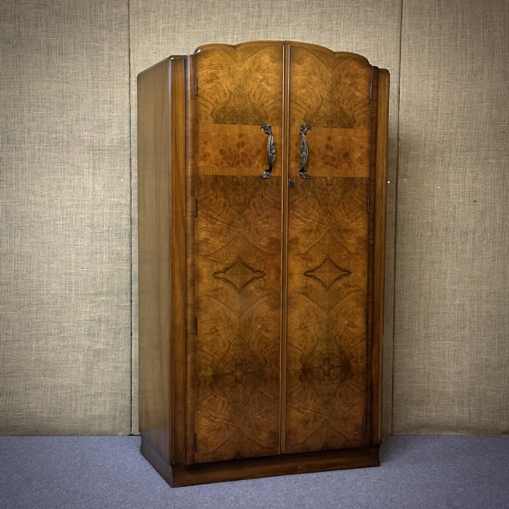 attractive small art deco style burr walnut fitted double wardrobe