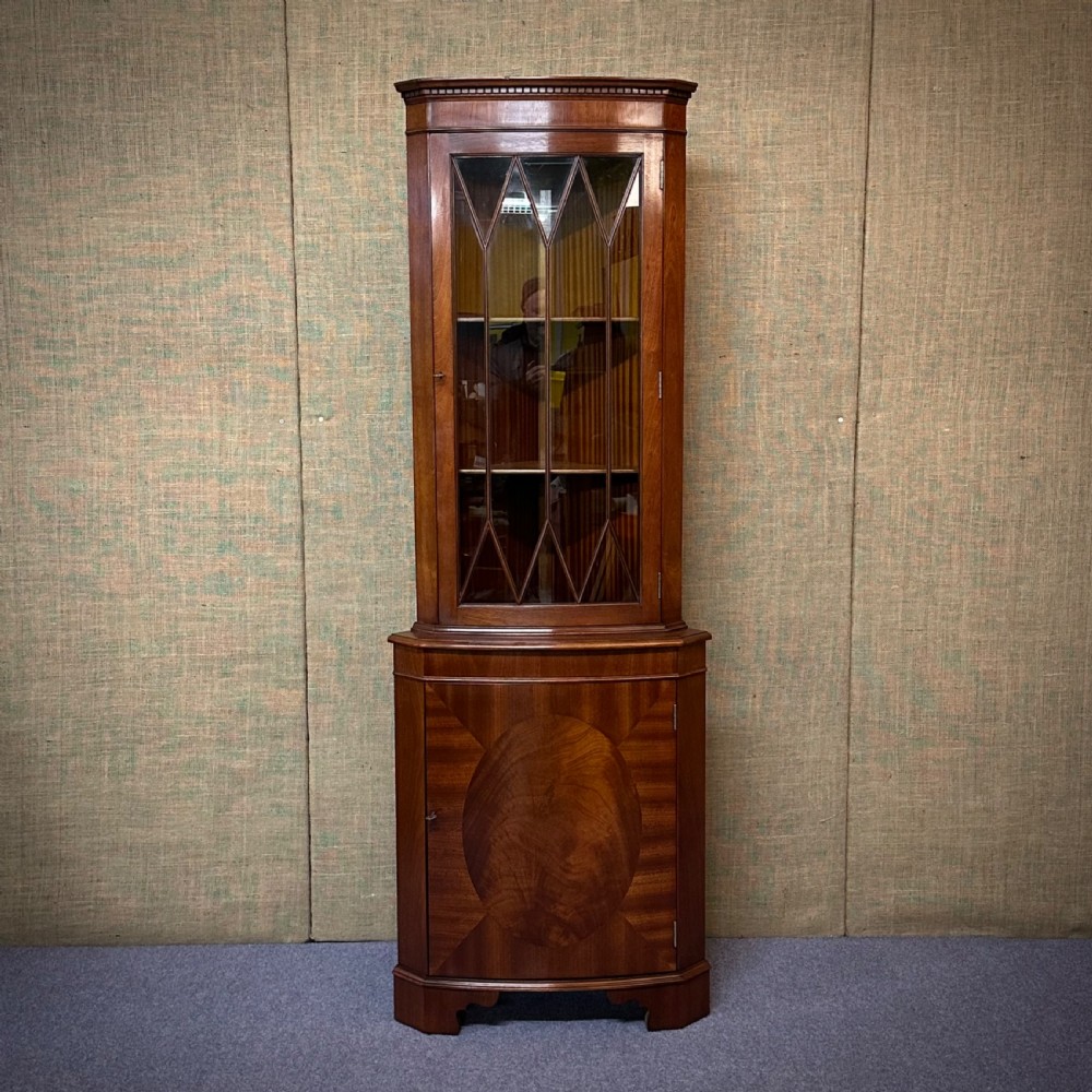 attractive vintage tall mahogany corner display cabinet